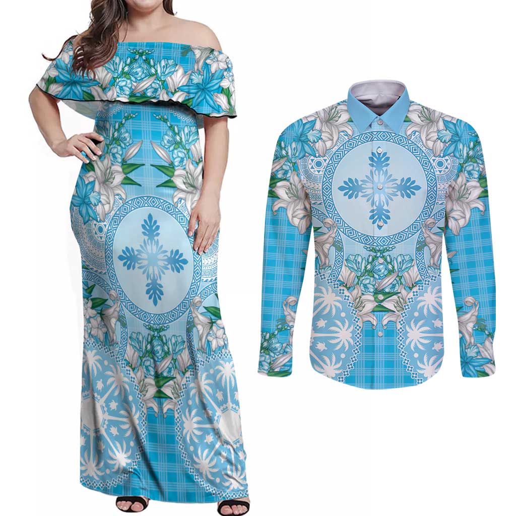 Hawaii Cyan Palaka Couples Matching Off Shoulder Maxi Dress and Long Sleeve Button Shirt With Tapa Pattern Tropical Flowers - Polynesian Pride