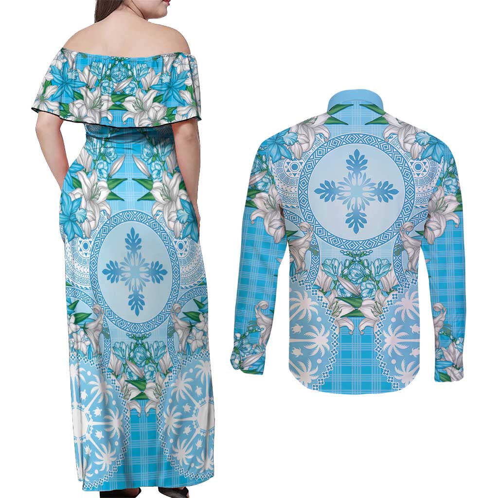 Hawaii Cyan Palaka Couples Matching Off Shoulder Maxi Dress and Long Sleeve Button Shirt With Tapa Pattern Tropical Flowers - Polynesian Pride