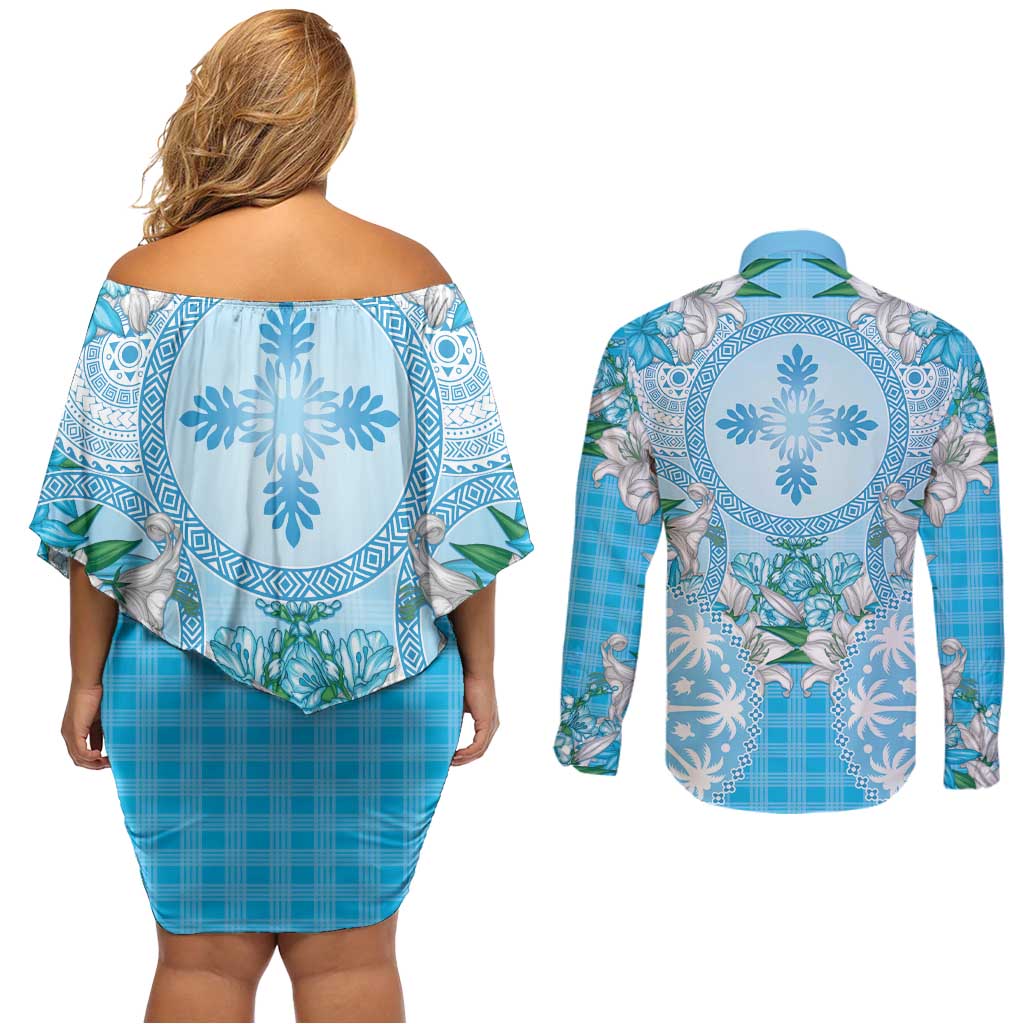 Hawaii Cyan Palaka Couples Matching Off Shoulder Short Dress and Long Sleeve Button Shirt With Tapa Pattern Tropical Flowers - Polynesian Pride