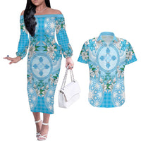 Hawaii Cyan Palaka Couples Matching Off The Shoulder Long Sleeve Dress and Hawaiian Shirt With Tapa Pattern Tropical Flowers - Polynesian Pride