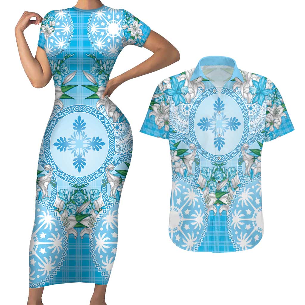 Hawaii Cyan Palaka Couples Matching Short Sleeve Bodycon Dress and Hawaiian Shirt With Tapa Pattern Tropical Flowers - Polynesian Pride