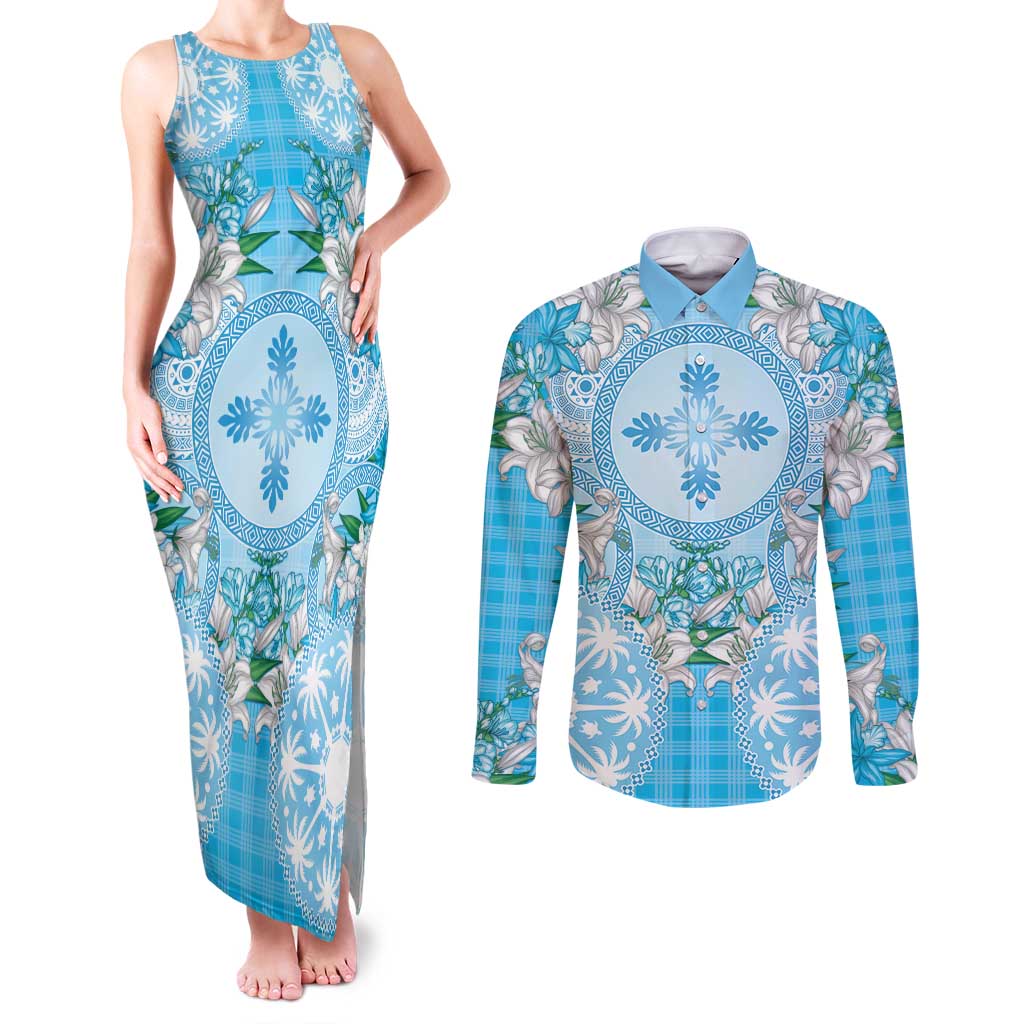 Hawaii Cyan Palaka Couples Matching Tank Maxi Dress and Long Sleeve Button Shirt With Tapa Pattern Tropical Flowers - Polynesian Pride