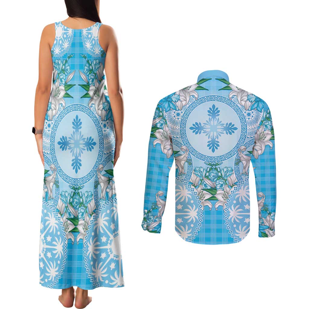 Hawaii Cyan Palaka Couples Matching Tank Maxi Dress and Long Sleeve Button Shirt With Tapa Pattern Tropical Flowers - Polynesian Pride