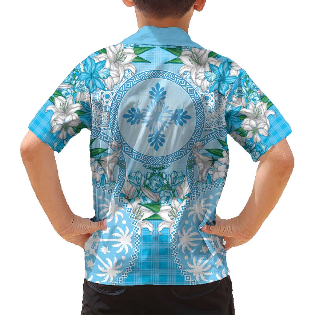 Hawaii Cyan Palaka Family Matching Long Sleeve Bodycon Dress and Hawaiian Shirt With Tapa Pattern Tropical Flowers LT05 - Polynesian Pride