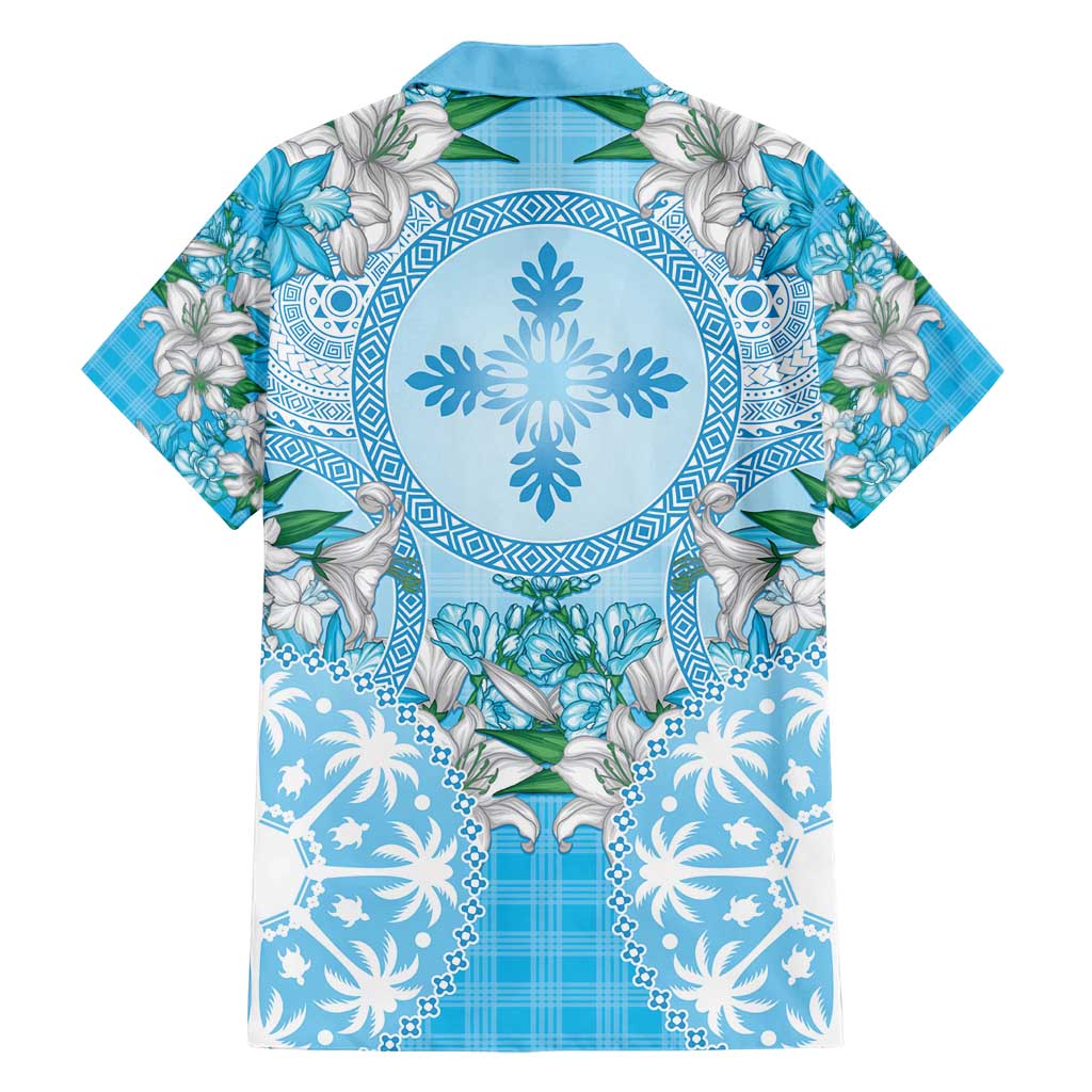Hawaii Cyan Palaka Family Matching Long Sleeve Bodycon Dress and Hawaiian Shirt With Tapa Pattern Tropical Flowers LT05 - Polynesian Pride