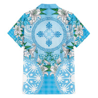 Hawaii Cyan Palaka Family Matching Long Sleeve Bodycon Dress and Hawaiian Shirt With Tapa Pattern Tropical Flowers LT05 - Polynesian Pride