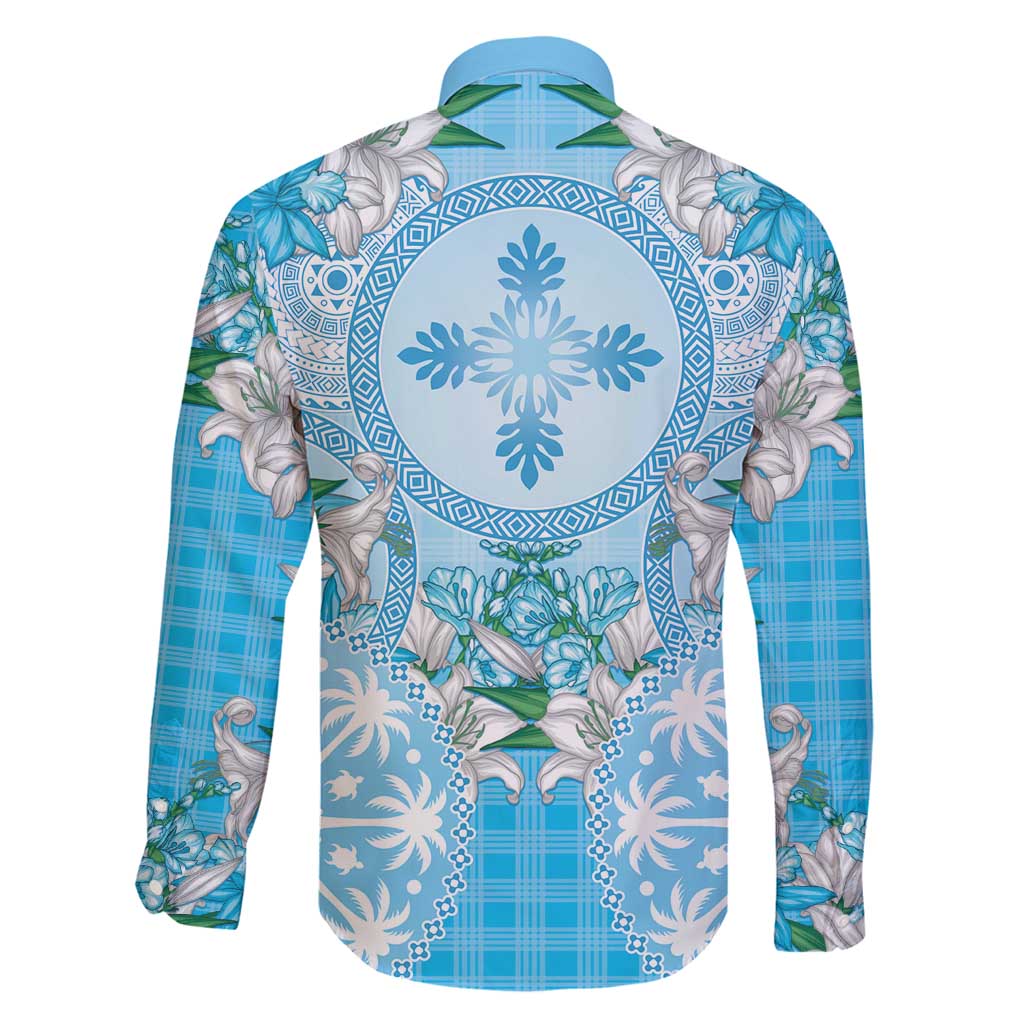 Hawaii Cyan Palaka Family Matching Long Sleeve Bodycon Dress and Hawaiian Shirt With Tapa Pattern Tropical Flowers LT05 - Polynesian Pride