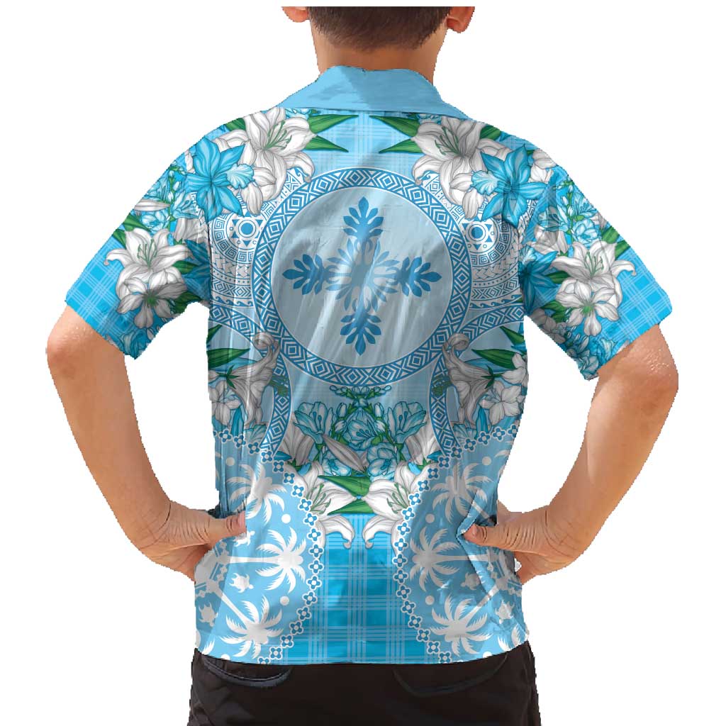 Hawaii Cyan Palaka Family Matching Mermaid Dress and Hawaiian Shirt With Tapa Pattern Tropical Flowers - Polynesian Pride