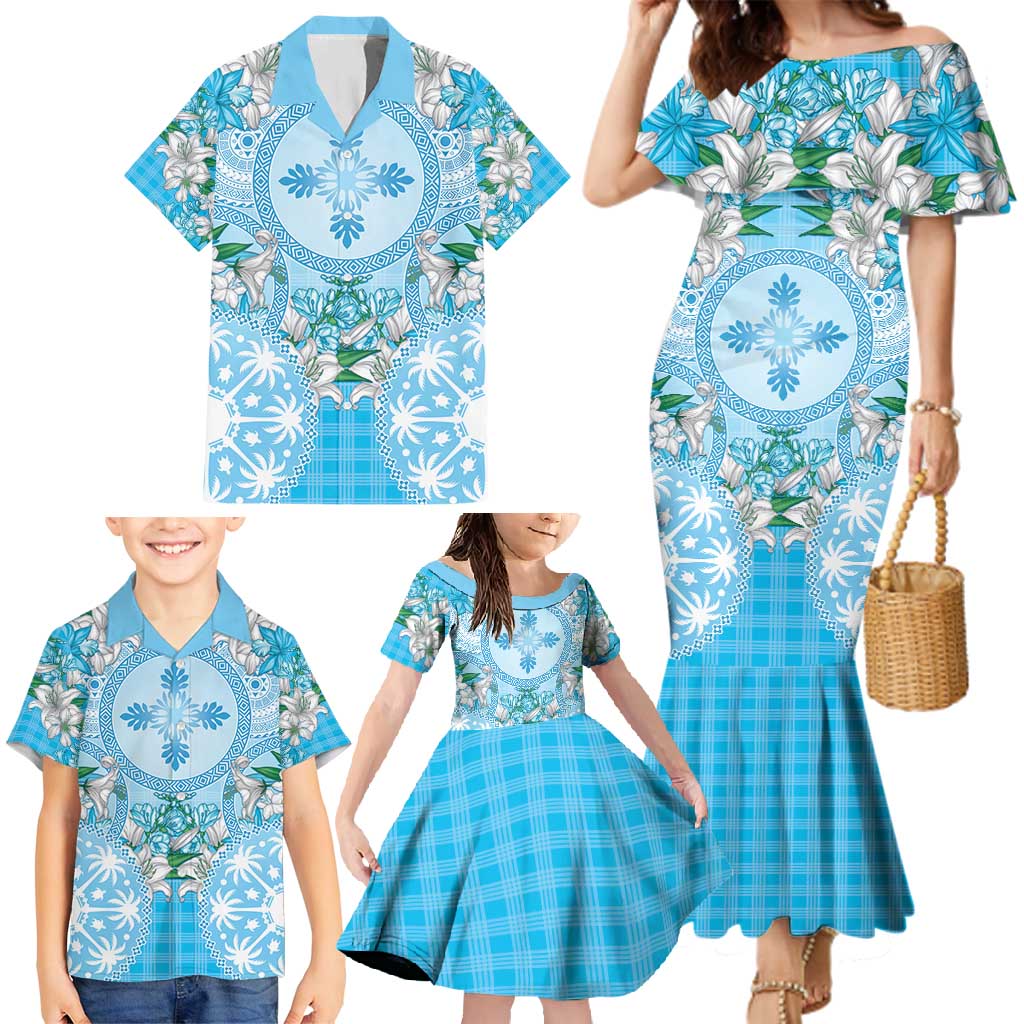 Hawaii Cyan Palaka Family Matching Mermaid Dress and Hawaiian Shirt With Tapa Pattern Tropical Flowers - Polynesian Pride