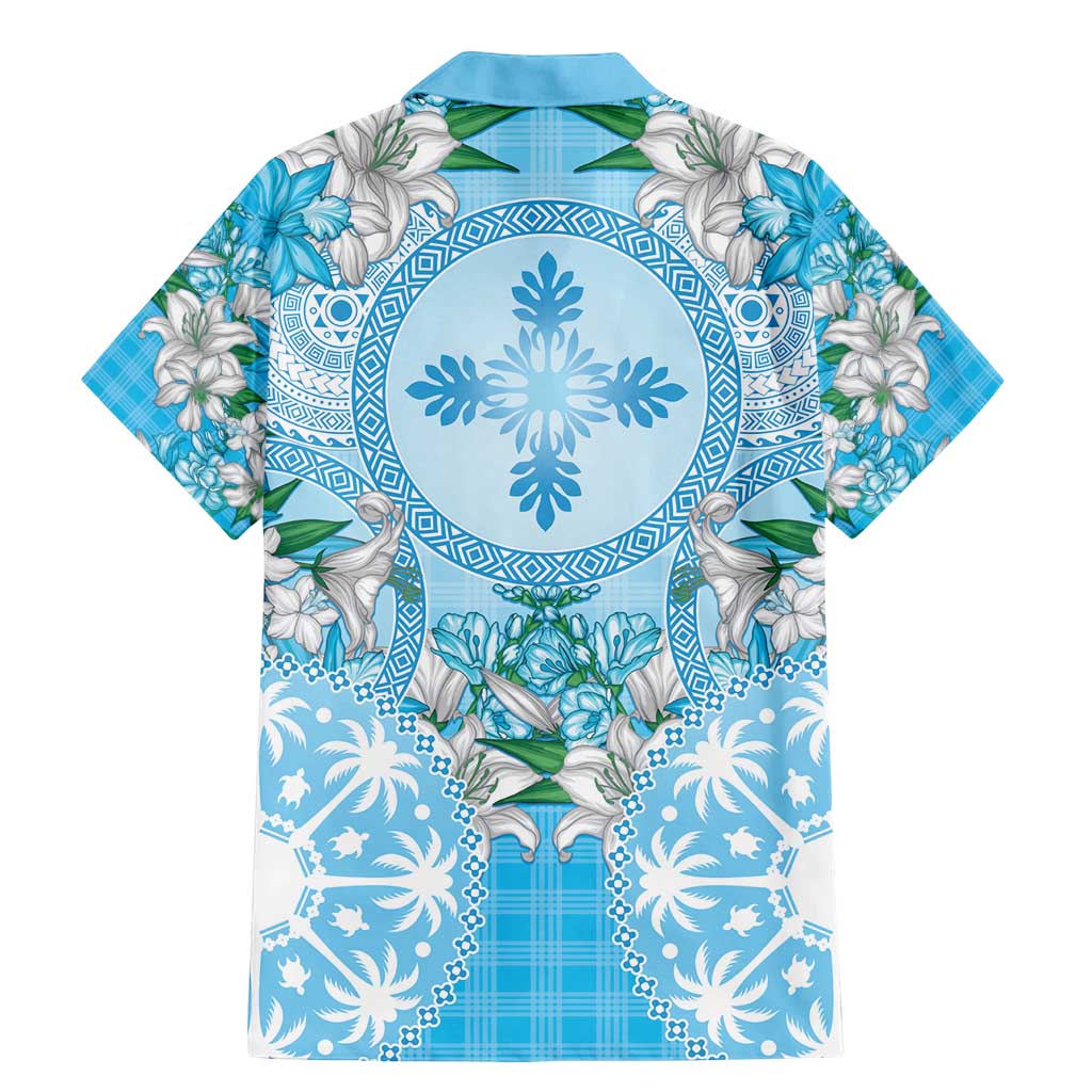 Hawaii Cyan Palaka Family Matching Mermaid Dress and Hawaiian Shirt With Tapa Pattern Tropical Flowers - Polynesian Pride