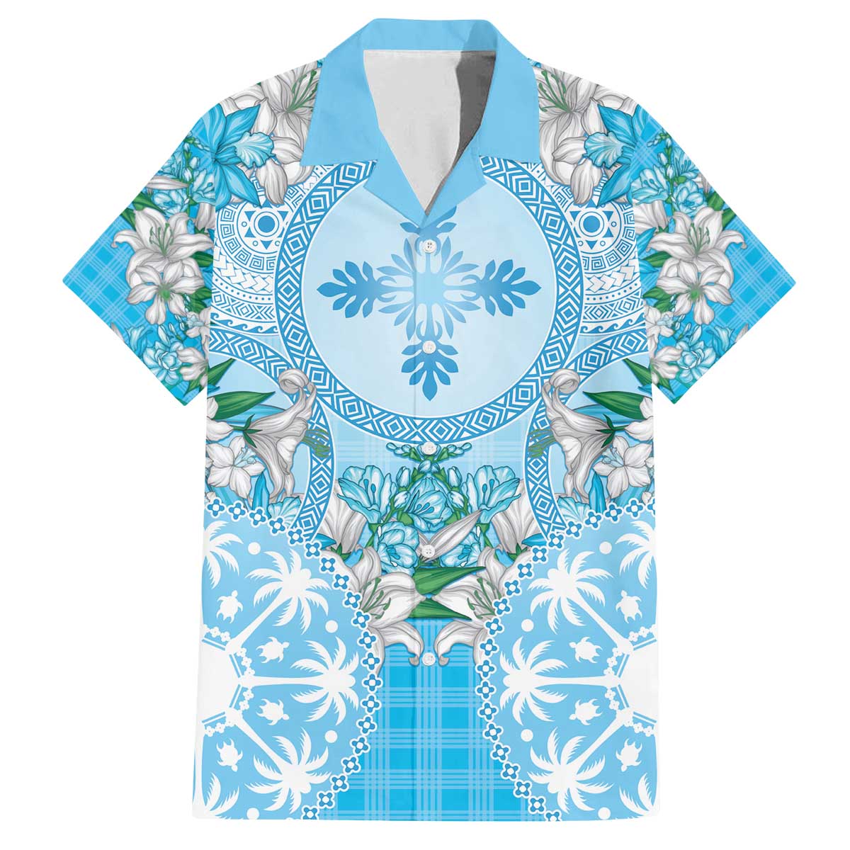 Hawaii Cyan Palaka Family Matching Off The Shoulder Long Sleeve Dress and Hawaiian Shirt With Tapa Pattern Tropical Flowers - Polynesian Pride