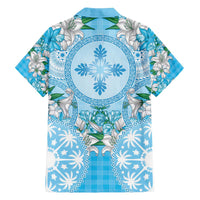 Hawaii Cyan Palaka Family Matching Off The Shoulder Long Sleeve Dress and Hawaiian Shirt With Tapa Pattern Tropical Flowers - Polynesian Pride
