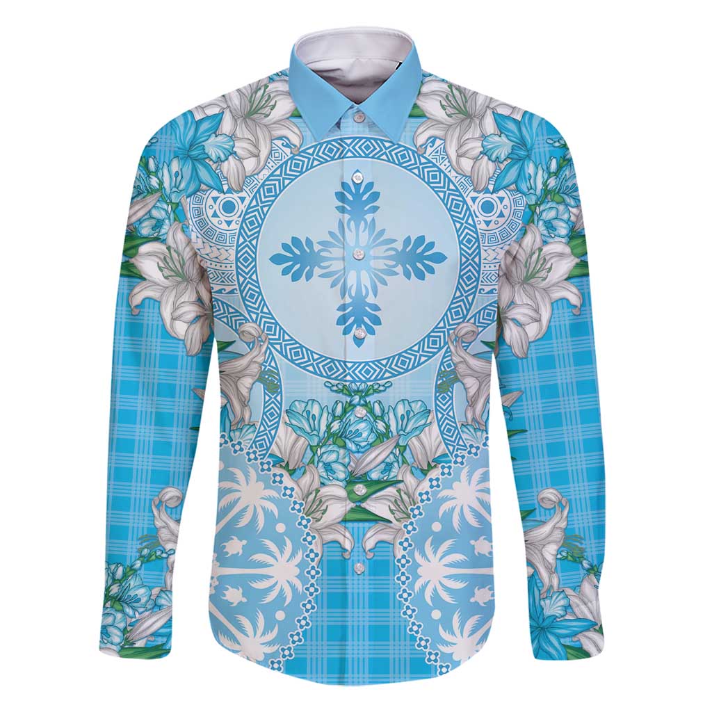 Hawaii Cyan Palaka Family Matching Off Shoulder Maxi Dress and Hawaiian Shirt With Tapa Pattern Tropical Flowers - Polynesian Pride