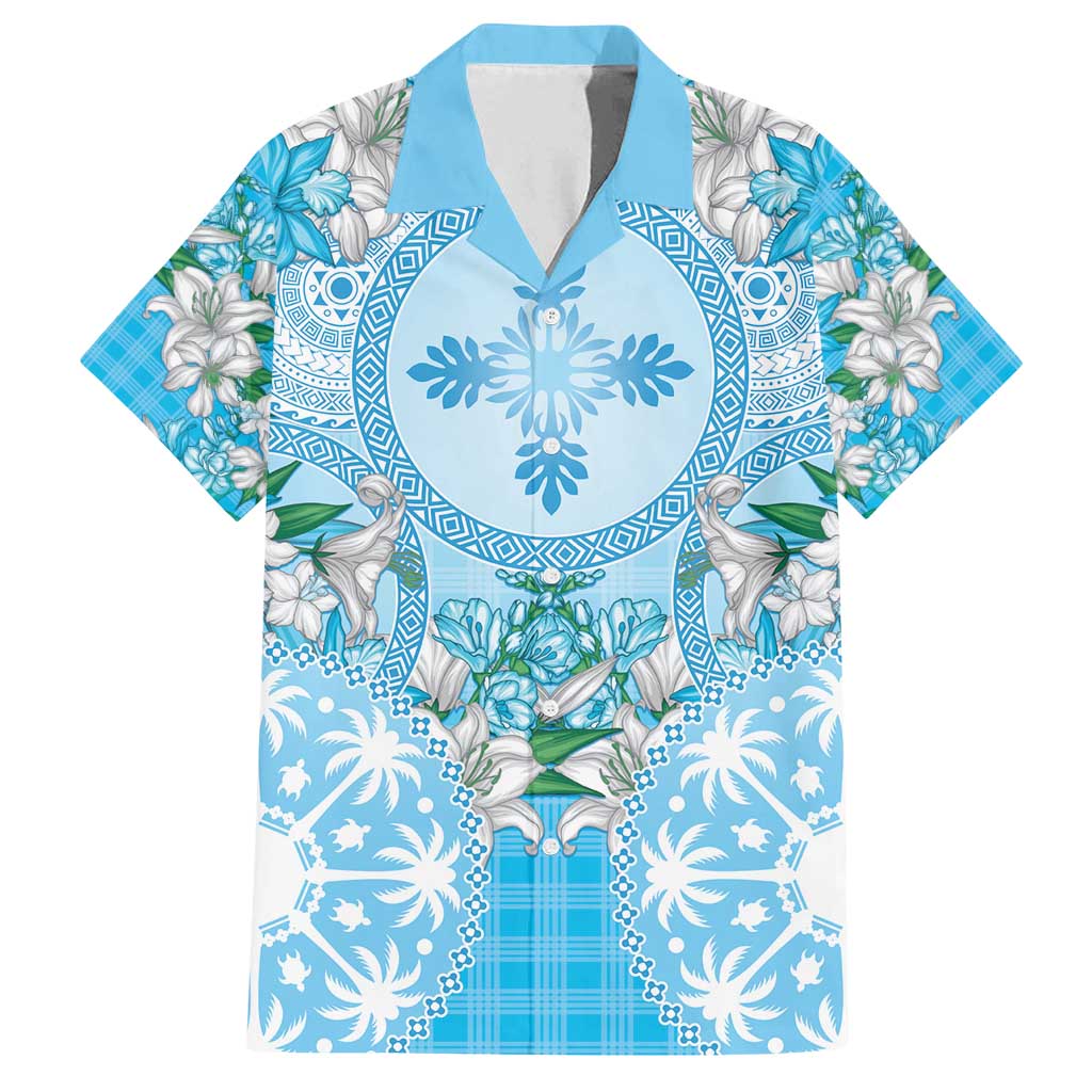 Hawaii Cyan Palaka Family Matching Off Shoulder Short Dress and Hawaiian Shirt With Tapa Pattern Tropical Flowers - Polynesian Pride