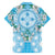 Hawaii Cyan Palaka Family Matching Off Shoulder Short Dress and Hawaiian Shirt With Tapa Pattern Tropical Flowers - Polynesian Pride