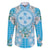Hawaii Cyan Palaka Family Matching Off Shoulder Short Dress and Hawaiian Shirt With Tapa Pattern Tropical Flowers - Polynesian Pride