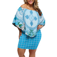 Hawaii Cyan Palaka Family Matching Off Shoulder Short Dress and Hawaiian Shirt With Tapa Pattern Tropical Flowers - Polynesian Pride