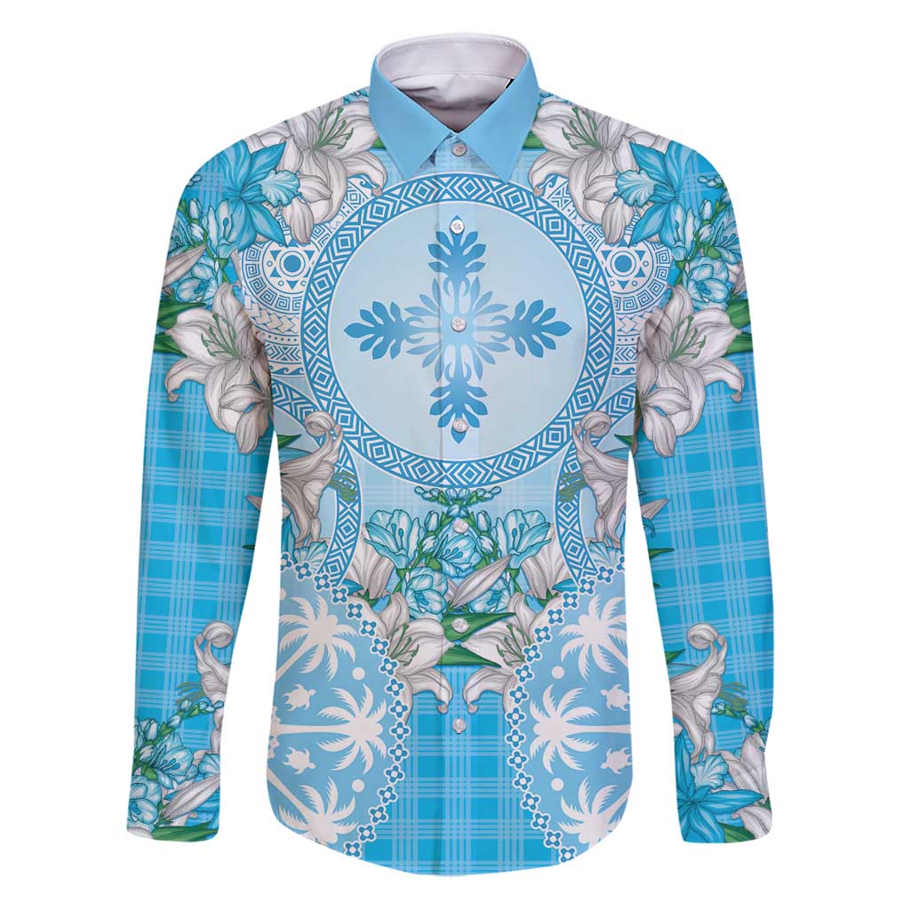 Hawaii Cyan Palaka Family Matching Puletasi and Hawaiian Shirt With Tapa Pattern Tropical Flowers - Polynesian Pride