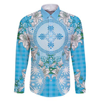 Hawaii Cyan Palaka Family Matching Puletasi and Hawaiian Shirt With Tapa Pattern Tropical Flowers - Polynesian Pride