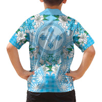Hawaii Cyan Palaka Family Matching Short Sleeve Bodycon Dress and Hawaiian Shirt With Tapa Pattern Tropical Flowers LT05 - Polynesian Pride