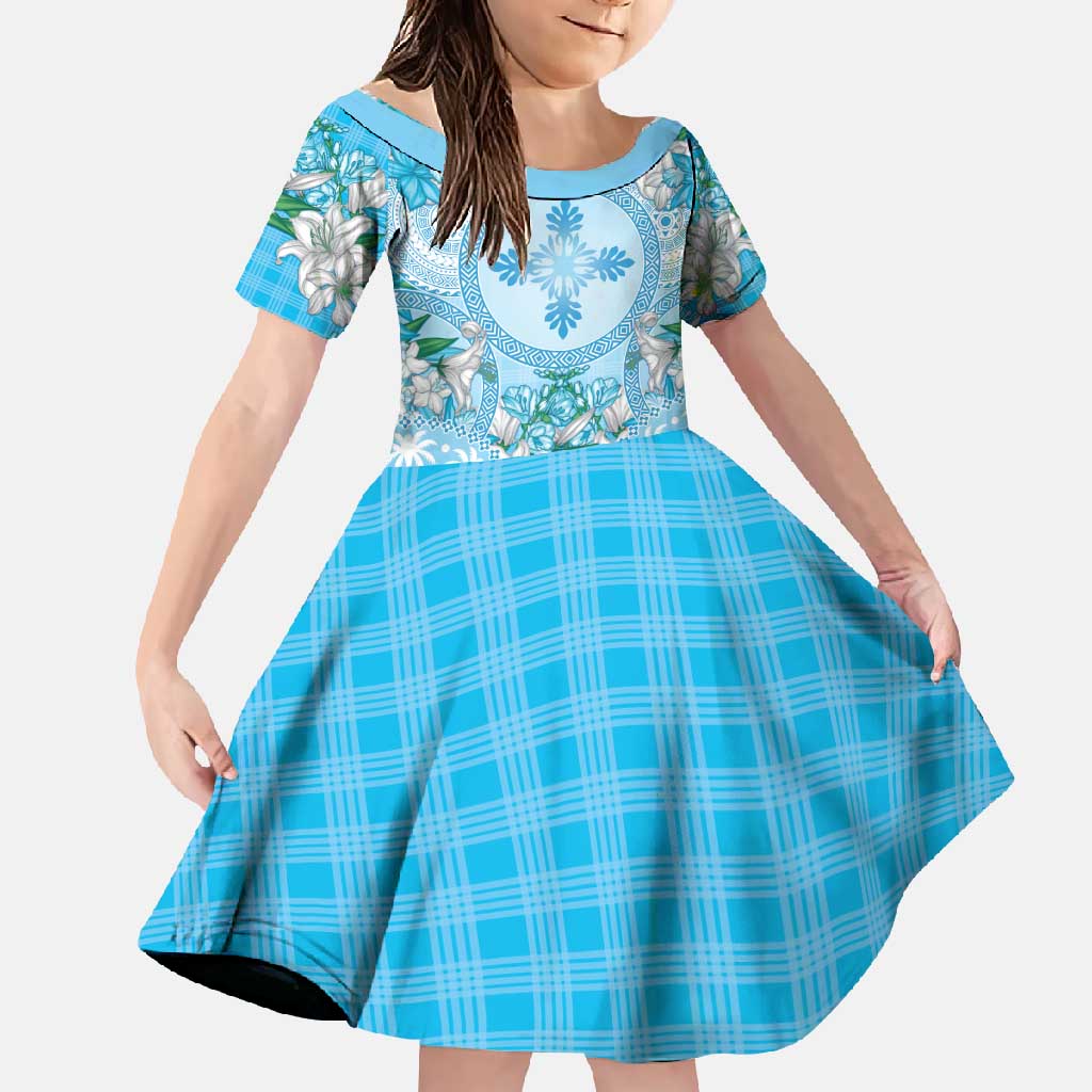 Hawaii Cyan Palaka Family Matching Short Sleeve Bodycon Dress and Hawaiian Shirt With Tapa Pattern Tropical Flowers LT05 Daughter's Dress Cyan - Polynesian Pride