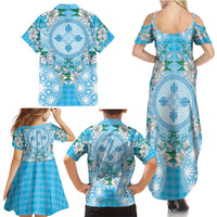 Hawaii Cyan Palaka Family Matching Summer Maxi Dress and Hawaiian Shirt With Tapa Pattern Tropical Flowers - Polynesian Pride