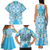 Hawaii Cyan Palaka Family Matching Tank Maxi Dress and Hawaiian Shirt With Tapa Pattern Tropical Flowers - Polynesian Pride