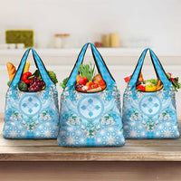 Hawaii Cyan Palaka Grocery Bag With Tapa Pattern Tropical Flowers - Polynesian Pride