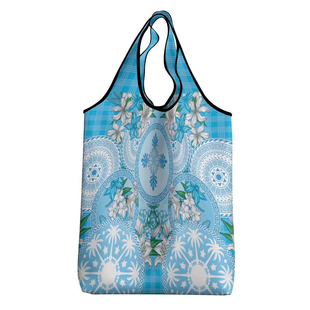 Hawaii Cyan Palaka Grocery Bag With Tapa Pattern Tropical Flowers - Polynesian Pride