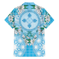 Hawaii Cyan Palaka Hawaiian Shirt With Tapa Pattern Tropical Flowers - Polynesian Pride