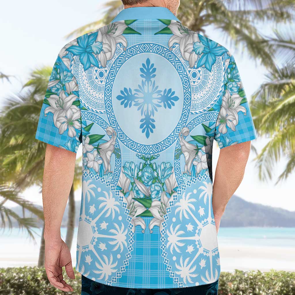 Hawaii Cyan Palaka Hawaiian Shirt With Tapa Pattern Tropical Flowers - Polynesian Pride