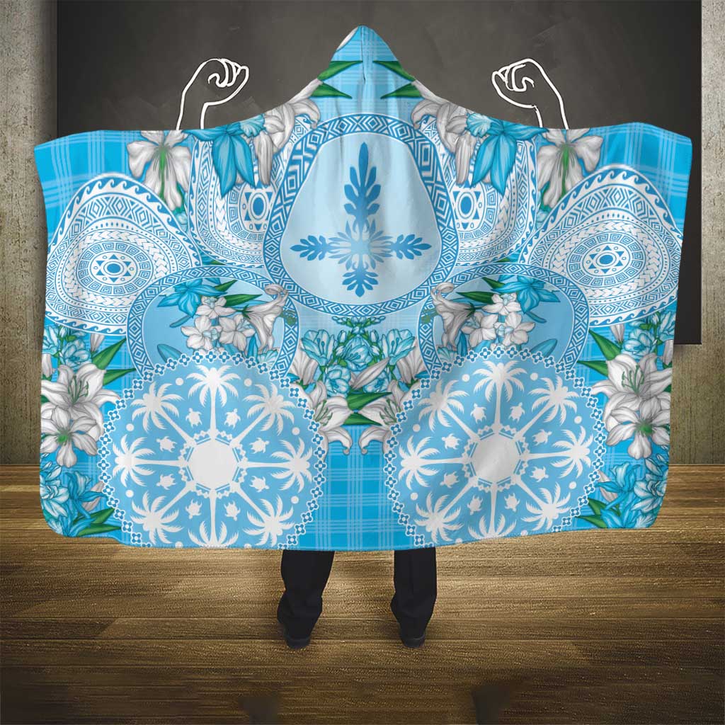 Hawaii Cyan Palaka Hooded Blanket With Tapa Pattern Tropical Flowers - Polynesian Pride