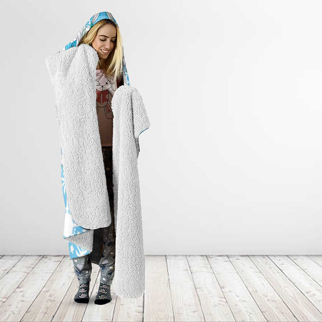 Hawaii Cyan Palaka Hooded Blanket With Tapa Pattern Tropical Flowers - Polynesian Pride