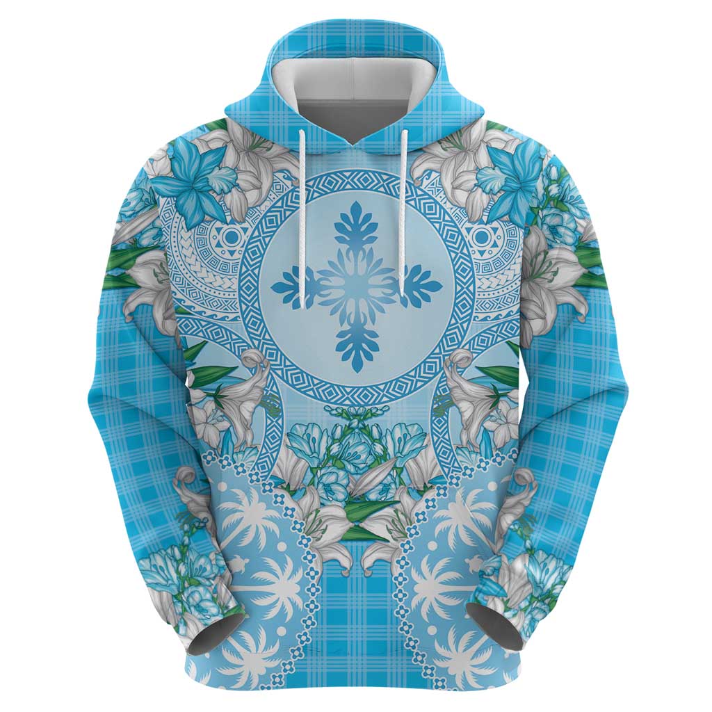Hawaii Cyan Palaka Hoodie With Tapa Pattern Tropical Flowers - Polynesian Pride