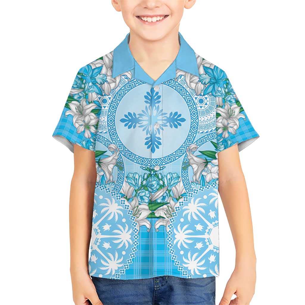 Hawaii Cyan Palaka Kid Hawaiian Shirt With Tapa Pattern Tropical Flowers - Polynesian Pride