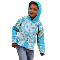Hawaii Cyan Palaka Kid Hoodie With Tapa Pattern Tropical Flowers - Polynesian Pride