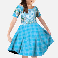 Hawaii Cyan Palaka Kid Short Sleeve Dress With Tapa Pattern Tropical Flowers - Polynesian Pride
