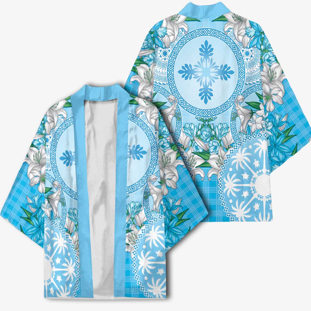 Hawaii Cyan Palaka Kimono With Tapa Pattern Tropical Flowers - Polynesian Pride