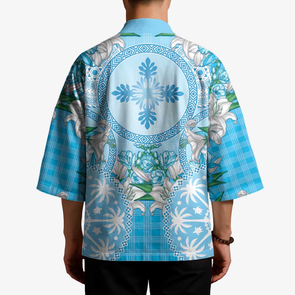 Hawaii Cyan Palaka Kimono With Tapa Pattern Tropical Flowers - Polynesian Pride