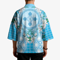 Hawaii Cyan Palaka Kimono With Tapa Pattern Tropical Flowers - Polynesian Pride