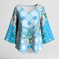 Hawaii Cyan Palaka Kimono Sleeve Blouse With Tapa Pattern Tropical Flowers - Polynesian Pride