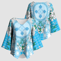 Hawaii Cyan Palaka Kimono Sleeve Blouse With Tapa Pattern Tropical Flowers - Polynesian Pride