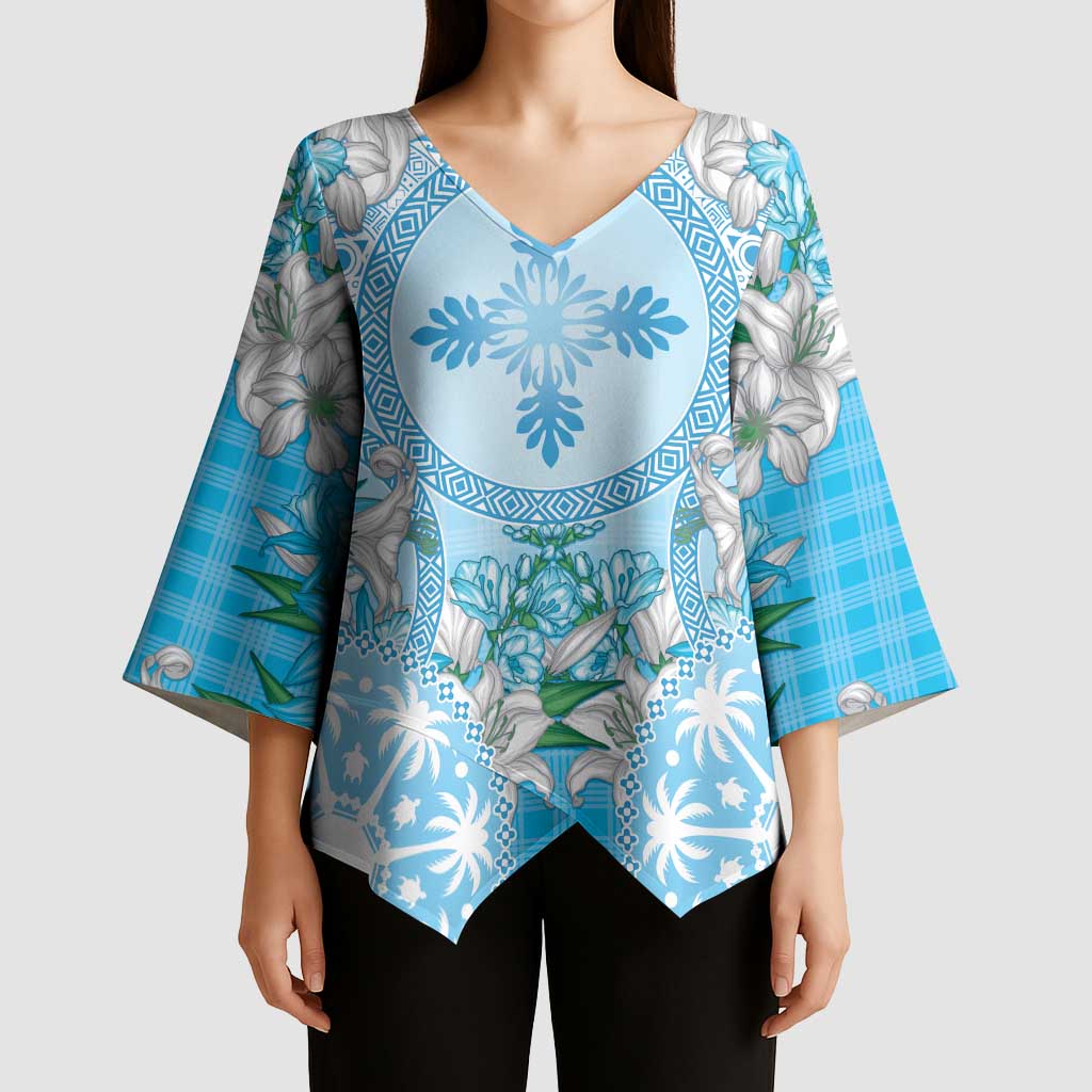 Hawaii Cyan Palaka Kimono Sleeve Blouse With Tapa Pattern Tropical Flowers - Polynesian Pride