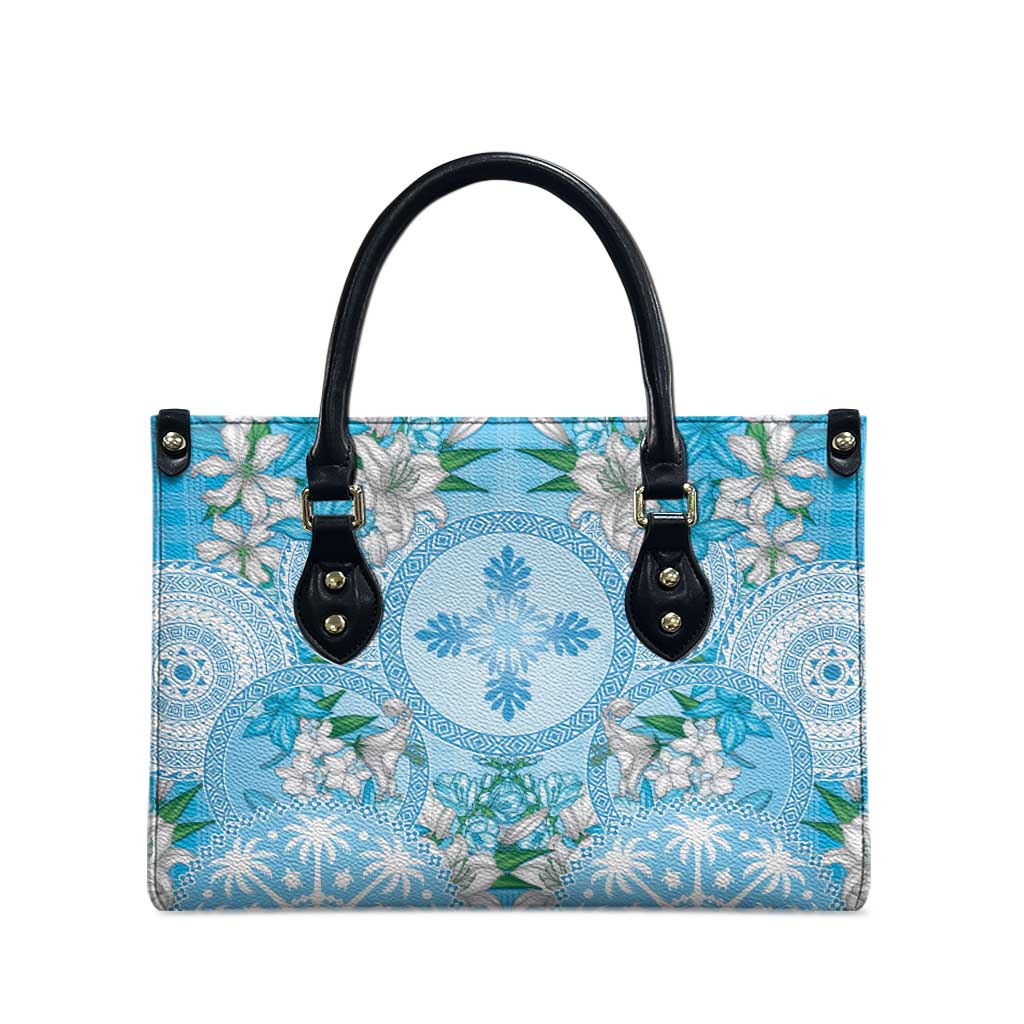 Hawaii Cyan Palaka Leather Bag With Tapa Pattern Tropical Flowers - Polynesian Pride