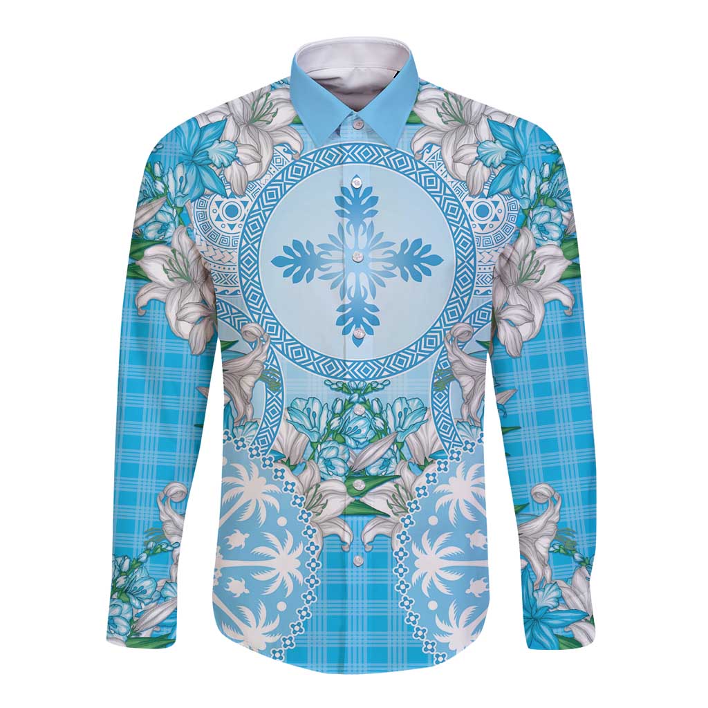 Hawaii Cyan Palaka Long Sleeve Button Shirt With Tapa Pattern Tropical Flowers - Polynesian Pride