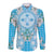 Hawaii Cyan Palaka Long Sleeve Button Shirt With Tapa Pattern Tropical Flowers - Polynesian Pride