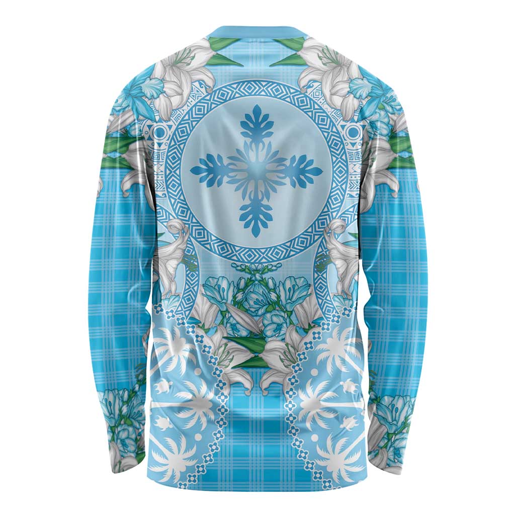 Hawaii Cyan Palaka Long Sleeve Shirt With Tapa Pattern Tropical Flowers LT05 - Polynesian Pride