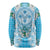 Hawaii Cyan Palaka Long Sleeve Shirt With Tapa Pattern Tropical Flowers - Polynesian Pride
