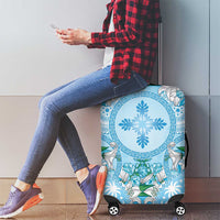 Hawaii Cyan Palaka Luggage Cover With Tapa Pattern Tropical Flowers - Polynesian Pride