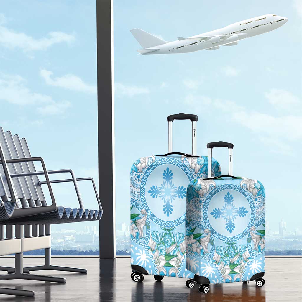 Hawaii Cyan Palaka Luggage Cover With Tapa Pattern Tropical Flowers - Polynesian Pride
